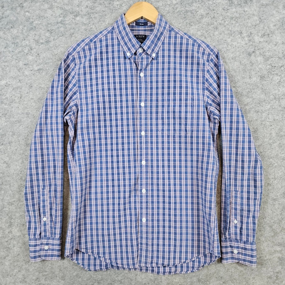 J Crew Men's Flex Washed Slim Fit Dress Shirt Size M Blue & Pink Checks Preppy‎